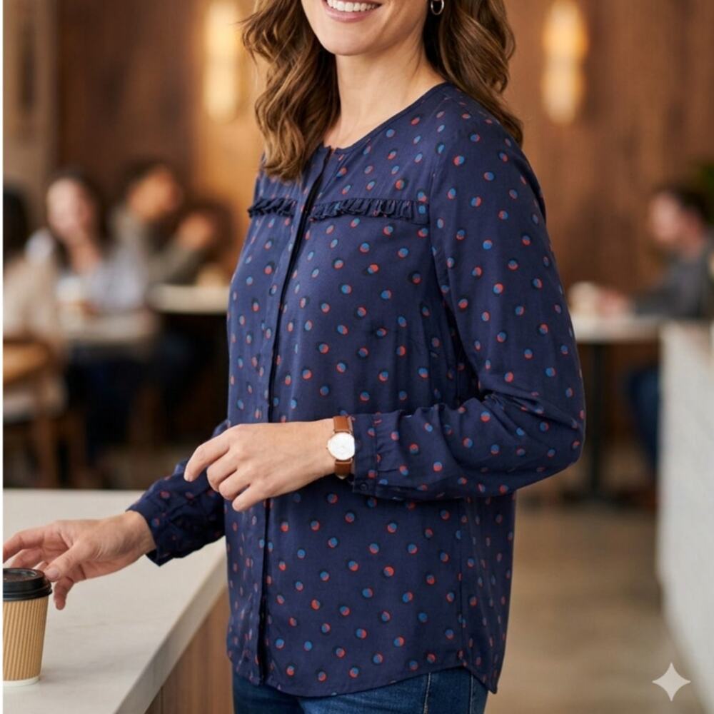 Boden womens silk blend navy blouse soft flowy retro business casual modest